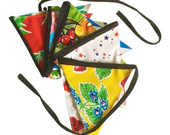 Mexican Oilcloth Bunting, water resistant bunting, Colourful Party flags, Festive bunting, Celebration bunting on black tape