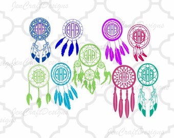 Dream Catcher Svg Monogram, Boho Dream Catcher Designs Feathers Pack SVG Eps Png Dxf, Cricut Design Space, Silhouette Studio, Cuttable