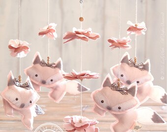 Light Pink Fox Mobile, Baby Girl Mobile/FREE FedEx SHIPPING WORLDWIDE/Baby Girl Nursery Decor/Unique Baby Mobile Hanging/Nursery Mobile Girl