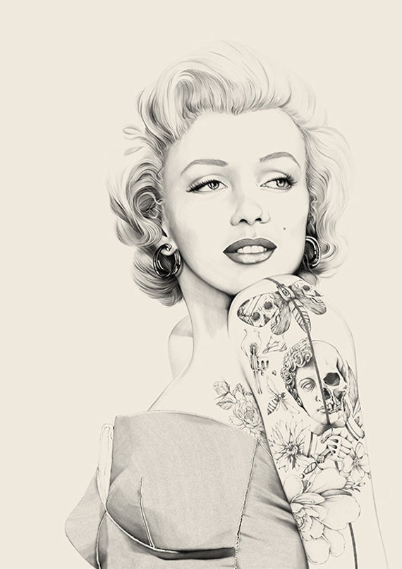 Poster Marilyn Monroe Inked Tattoo Art Print Portrait Drawing