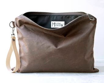 Travel Bag, Gift For Men, Waxed Canvas, Wristlet, Zippered Clutch, Toiletry Pouch, Travel Wallet, Large Pouch, Birthday Gift, Dopp Kit, His