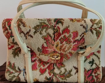 Carpet Bag Handbag, Ivory and Floral Carpet Tapestry Purse, Vintage Floral Tapestry Carpet Double Strap Handbag