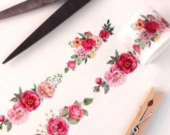 Watercolor Garden Floral Wide Washi Tape - 1 Roll: Peony Rose Bouquet Hand Drawn - Pink Red Green - 30mm X 5m Extra Wide Washi Tape