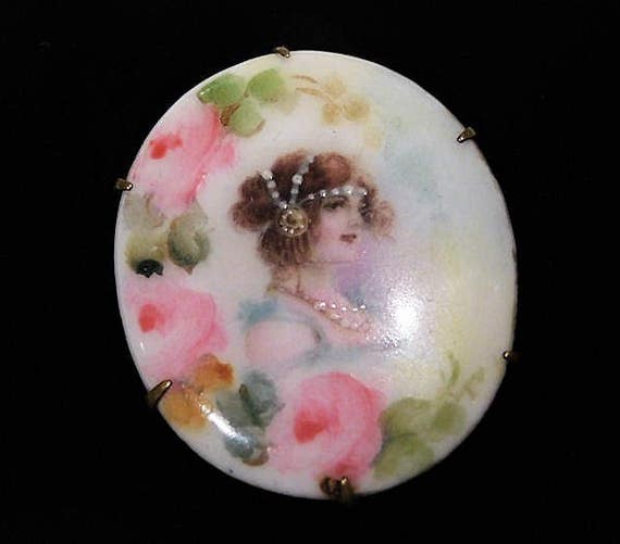 Victorian Portrait Brooch Hand Painted Porcelain Miniature Portrait Cameo Jewelry Antique Art Nouveau Wedding Bride Bridal Estate Heirloom
