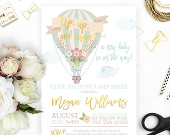 Hot Air Balloon Baby Shower Invitation, Up up and Away, Printable, Up and Away Shower Invitation, Gender Neutral, Gold, Mint, Baby Shower