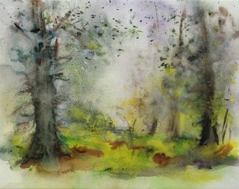 Original watercolor of an undergrowth, original painting of an undergrowth with moss on the ground, original watercolor of trees