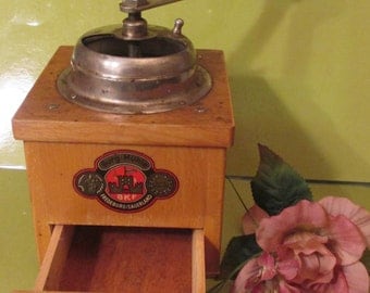 Coffee Grinder-- Spice Grinder --BKF Burg-Muhle--German --Wooden with a Hand Crank and a Pull Out Drawer