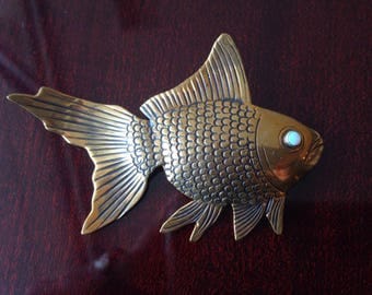Bronze Gold FISH with OPAL Eye convertible pendant BROOCH