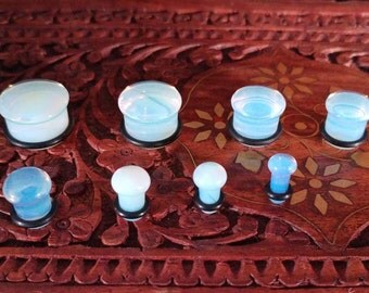 Pair Of Single Flare Opalite Glass Plugs / Gauges For Stretched Ears (16mm, 14mm, 12mm, 10mm, 8mm, 6mm, 5mm, 4mm,)