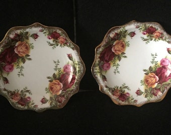 A pair of Vintage Pin dishes made by Royal Albert / Old Country Roses pattern / Flute C1962-1972 / Butter dish / Dressing Table