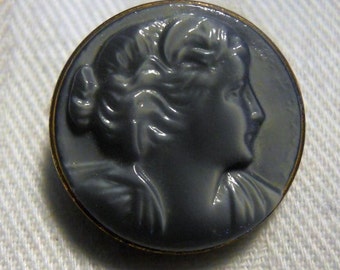 Vintage Glass Button~ Pretty Gray Raised Cameo with gold rim~ Listing is for ONE buttons ~ Elegant Color at 11/16th inch