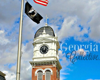 Courthouse Tower Photo - Flag Photo - Georgia Skyline Photo Print - Clock Tower Printed Image - Blue Sky Art Print - Item 2001