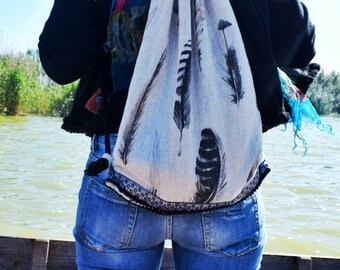 Feather backpack, rucksack fabric, laces, woman Backpack Backpack, Unisex backpack, backpack bag, backpack, fabric, handmade bags, woman
