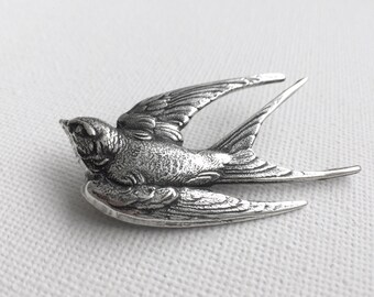 Bird Brooch, Silver Bird Brooch, Bird Sweater Pin, Coat Pin, Winter Pin, Hat Pin, Brooches, Swallow Brooch, Silver Coat Pin, Women's Gift