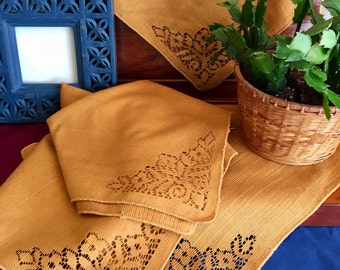 Vintage Bohemian Yellow Gold Cutwork Design Square Napkins - Set of Four - Bohemian Dining Decor