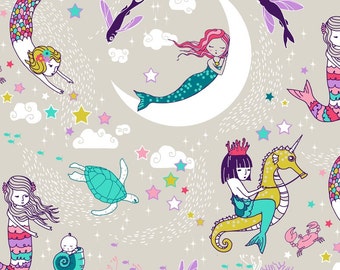 Mermaid Lullaby Quilting Fabric. Fabric by the Yard. Cotton Knit Jersey Minky. Fairytale Girl Nursery Moon Ocean Mermaids Seahorse Turtle