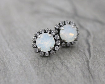 White opal earrings, Opal stud earrings, Bridal earrings, Bridesmaid earrings, Swarovski earrings, Bridal jewelry, Crystal stud earrings