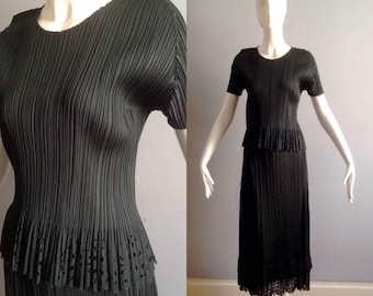 Vintage ISSEY MIYAKE Pleats Please 2 Piece Ensemble ~ Forest Green Modernist Maxi Skirt ~Modern Laser Cut Floral Trim Top ~ Formal Dress Set