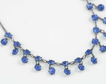 Vintage Art Deco Necklace Blue Crystal Open Back Bezel Set - Delicate