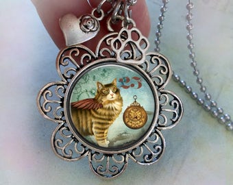 Winged Steampunk Cat Necklace w-Heart and Paw Charms, Cat Lover Gift, Steampunk Gift, Black Cat Necklace, Birthday Gift, Women's Gift, Teens