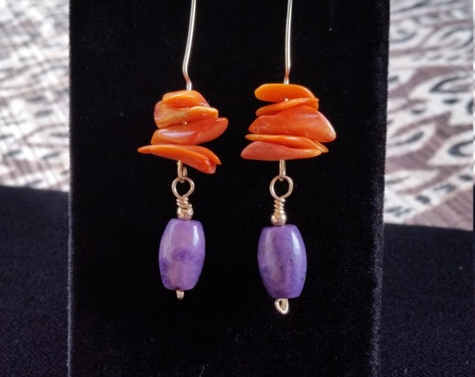 These Eye Catching Earrings are Spiny Oyster Shell and Sugilite in 14K Gold Filled Ear Wires