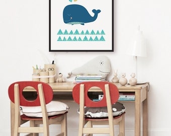Blue Whale Print, Modern Scandinavian Nursery Decor, Baby Room Art, Hearts Nursery Art, Kids Wall Art, Nautical Nursery Wall Art, Sea Ocean