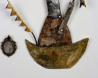 King of the Boat - paper mache folk art sculpture boat wall hanging