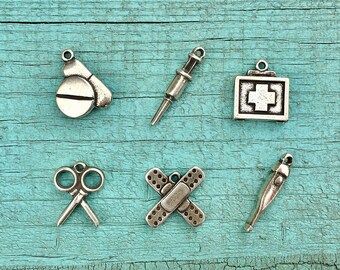 Pack 6 Different Doctor Charms, Nurse Charms, Doctor DIY Bracelet, Nurse DIY Bracelet, Silver Zamak Charms, DIY Jewelry