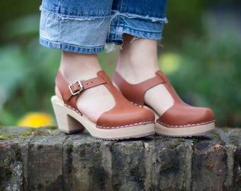 Swedish Clogs Highwood T-Bar Tan Leather by Lotta from Stockholm / Wooden Clogs / Sandals / High Heel / Mary Jane Shoes