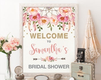Floral Bridal Shower Welcome Sign. Pink Gold Bohemian Flowers. Boho Bridal Shower Decor. Pink Feathers Glitter Confetti. Dreamcatcher FLO12A
