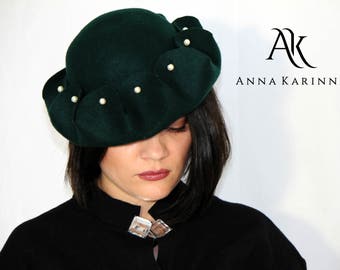 Hat, Felt Hat, Dark green hat in 100 % wool felt, Dark green felt hat.