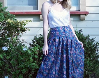 Floral Blue Vintage Pleated Midi Skirt