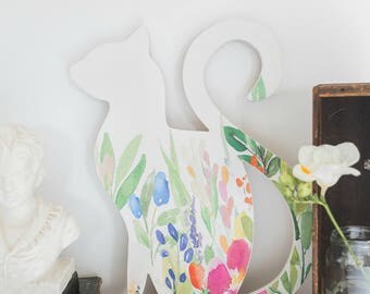 Cat Decor. Cat Lover Gift. Cat Art. Watercolor Flower. wood sign. home gallery. floral print. gift for pet mom. cat lady gift. gift for her.