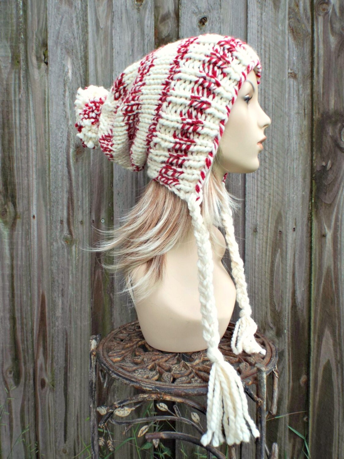 Cream Slouchy Pom Pom Hat Cream and Red Hat Cream Hat