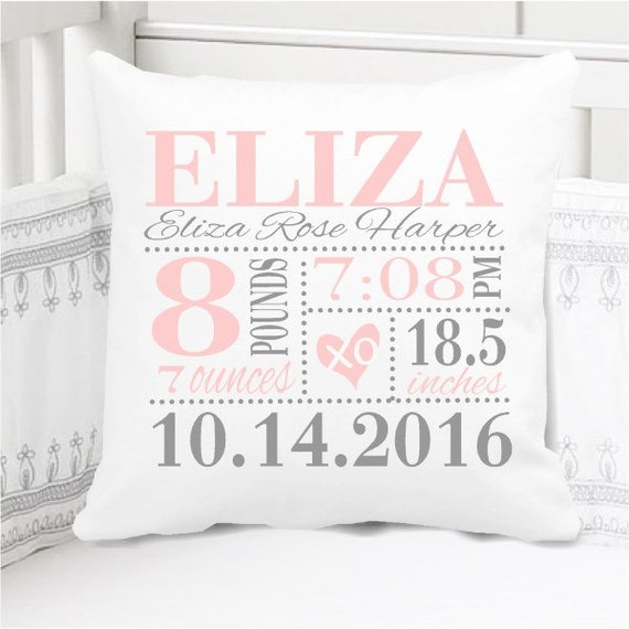 girls birth announcement pillow baby pink and grey xo girls birth announcement pillow baby pink and grey xo