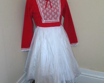 Vintage 70s Red Velvet dress Red Holiday Dress White Chiffon Dress White lace bib 70s vintage Party Dress White pleated skirt XS S