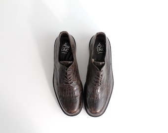 size 9.5 | Joan & David Brown Leather Oxfords | Croc Embossed Leather Shoes | Handmade in Italy | 39.5