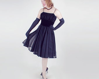 60s Black Velvet Stripe Circle Skirt Party Dress XS
