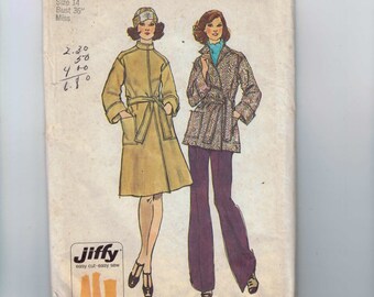 1970s Vintage Sewing Pattern Simplicity 6633 Misses Easy Jiffy Overcoat Front Wrap Size 14 Bust 36 70s 1973 UNCUT