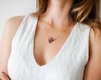Pink Coral Bells Triangle Pressed Flower Necklace Pressed Flower Jewelry Botanical 14k Gold Fill