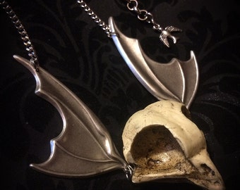 Owl Skull Necklace // Bird Skull Necklace with Bat Wings // Taxidermy Jewelry // Gothic Necklace
