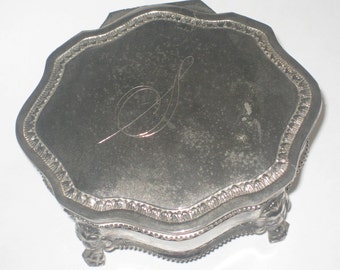 Silver Plate Footed Trinket Casket Jewelry Box Blue Velvet Lining Fabrique Vintage
