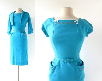 1950s Wiggle Dress | Aquatique | 50s Dress | XXS XS