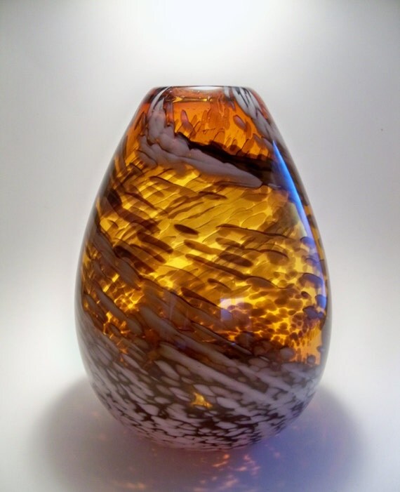 Hand Blown Glass Vase Amber With White and Black Swirling