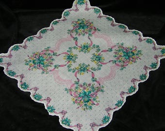 UNUSED Vintage 50's 13.5" Scalloped Pink & Teal Blue Mixed Floral Wedding Favor, Banner, Pocket Square Handkerchief - 9843