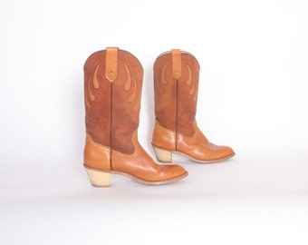 Vintage 80s FRYE BOOTS / 1980s Caramel Brown Leather Cut-Out Stack Heel Western Boots 6