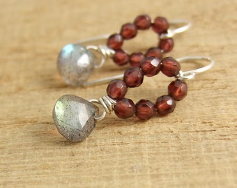Earrings with Tiny, Garnet Beads and Labradorite Teardrops Wire Wrapped with Sterling Silver Wire HE-351