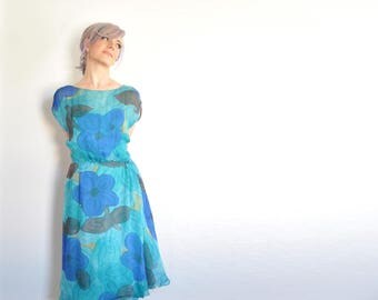 painted floral silk dress . mid century garden party . sheer illusion neckline .large .sale