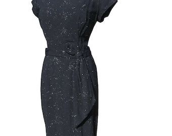 Vintage 50s Wiggle Dress Black w/ Sparkly Metallic Thread Plus Size 42 bust 34 waist L XL