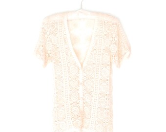 Vintage Lace Blouse * Ivory Lace Top * Button Front Lace Shirt * Small